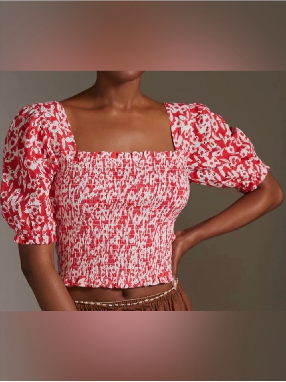 Anthropologie Red & White Smocked Puff-Sleeve Crop Top